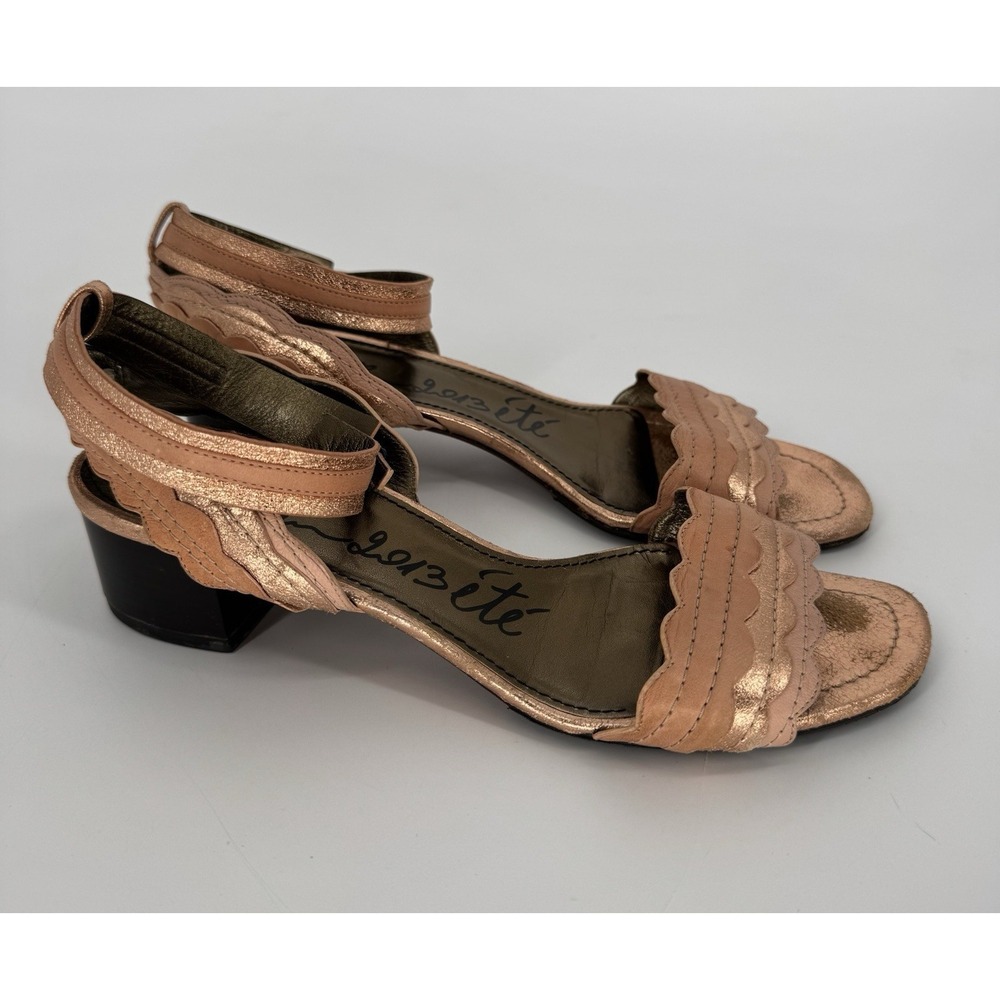 Lanvin Scalloped Chunky Heel Leather Sandal Ankle Strap Rose Gold 40.5‎ US 9.5